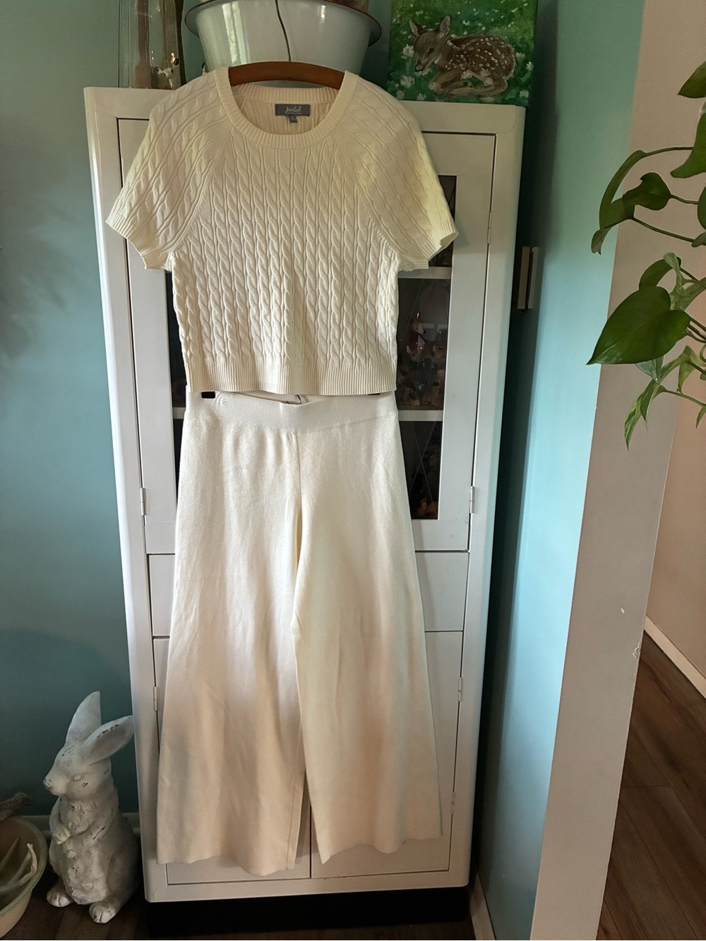 Marled sz M Cream Knit Short-Sleeve Sweater & Wide-Leg Pants Set nwot